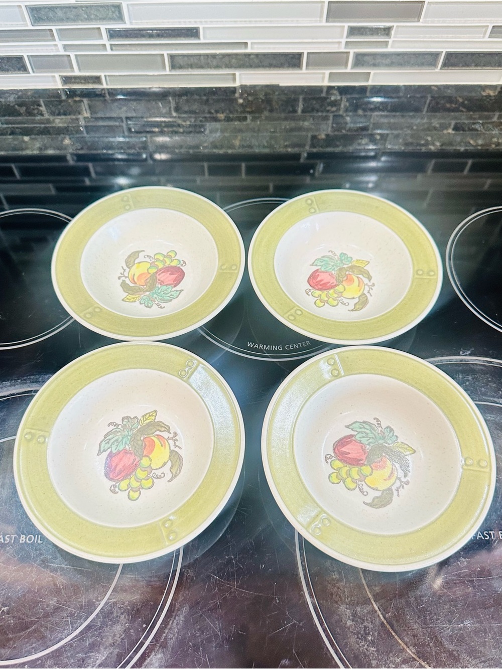 VTG Metlox Poppytrail Provincial Fruit (Green Rim) Fruit/Dessert Bowl (4) USA